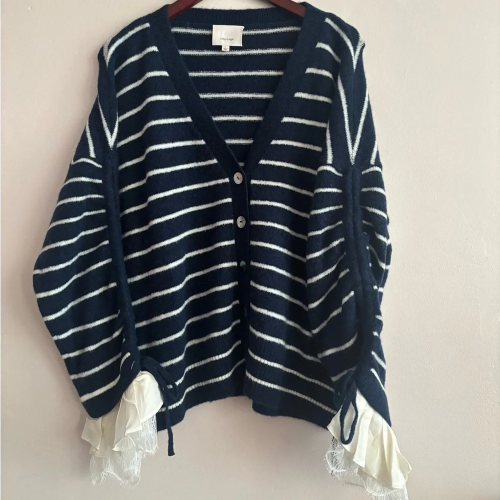 Cinq a Sept Blue and White Striped Cardigan Sweater - Picture 1 of 1